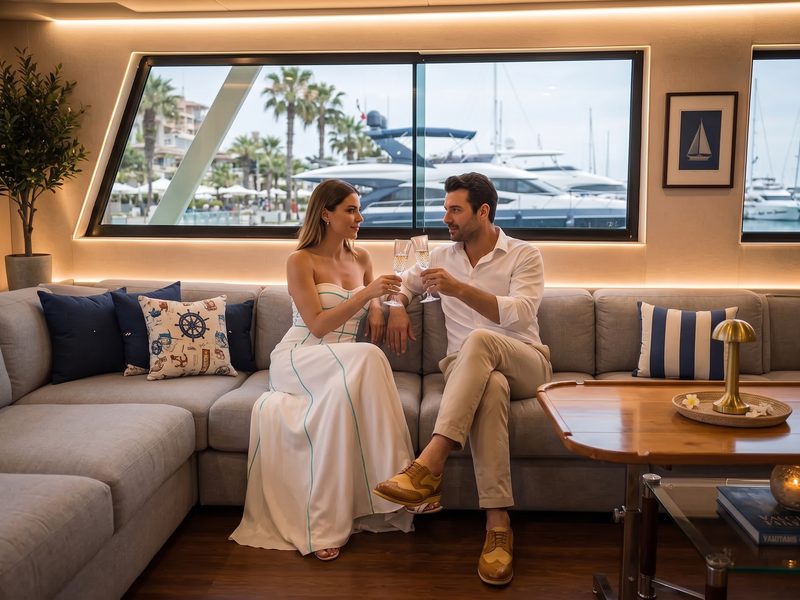 Marina manzaralı salonda bir kadeh